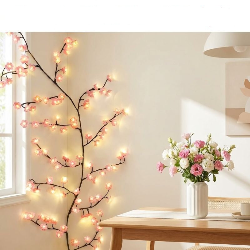 Cherry Blossom LED Vine Branch Lights for Wall – 8 Modes, Remote Control, USB Powered