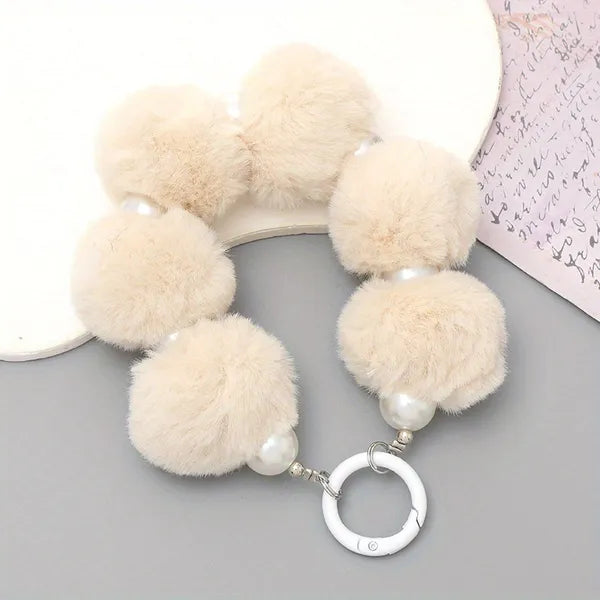 Plush Phone Chain Keychain with Beaded Anti‑Loss Strap