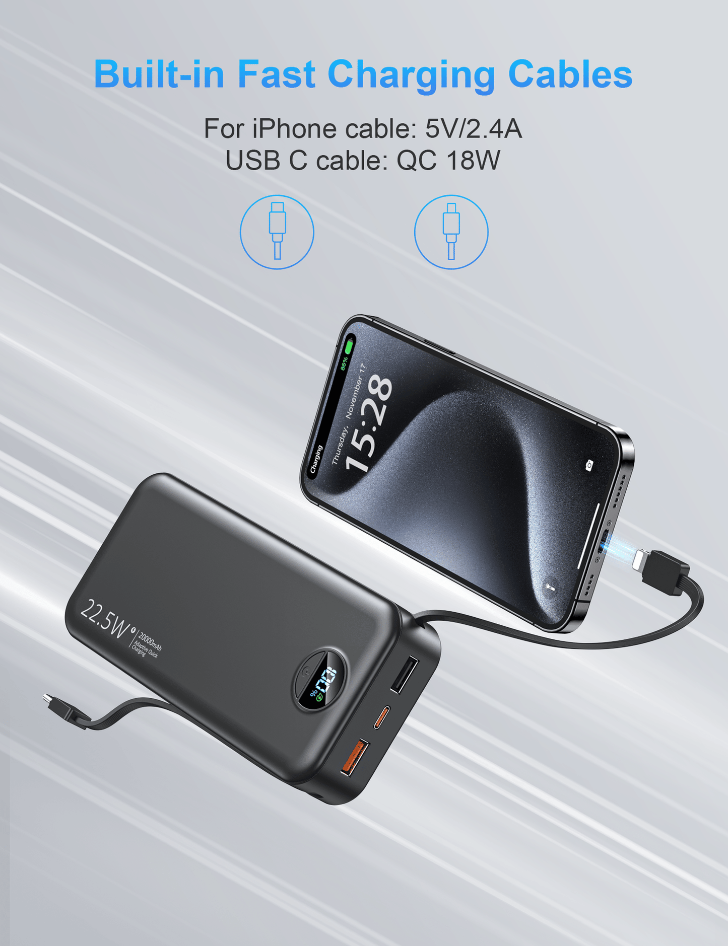portable power bank charging a smartphone using built‑in fast charging cables with digital display