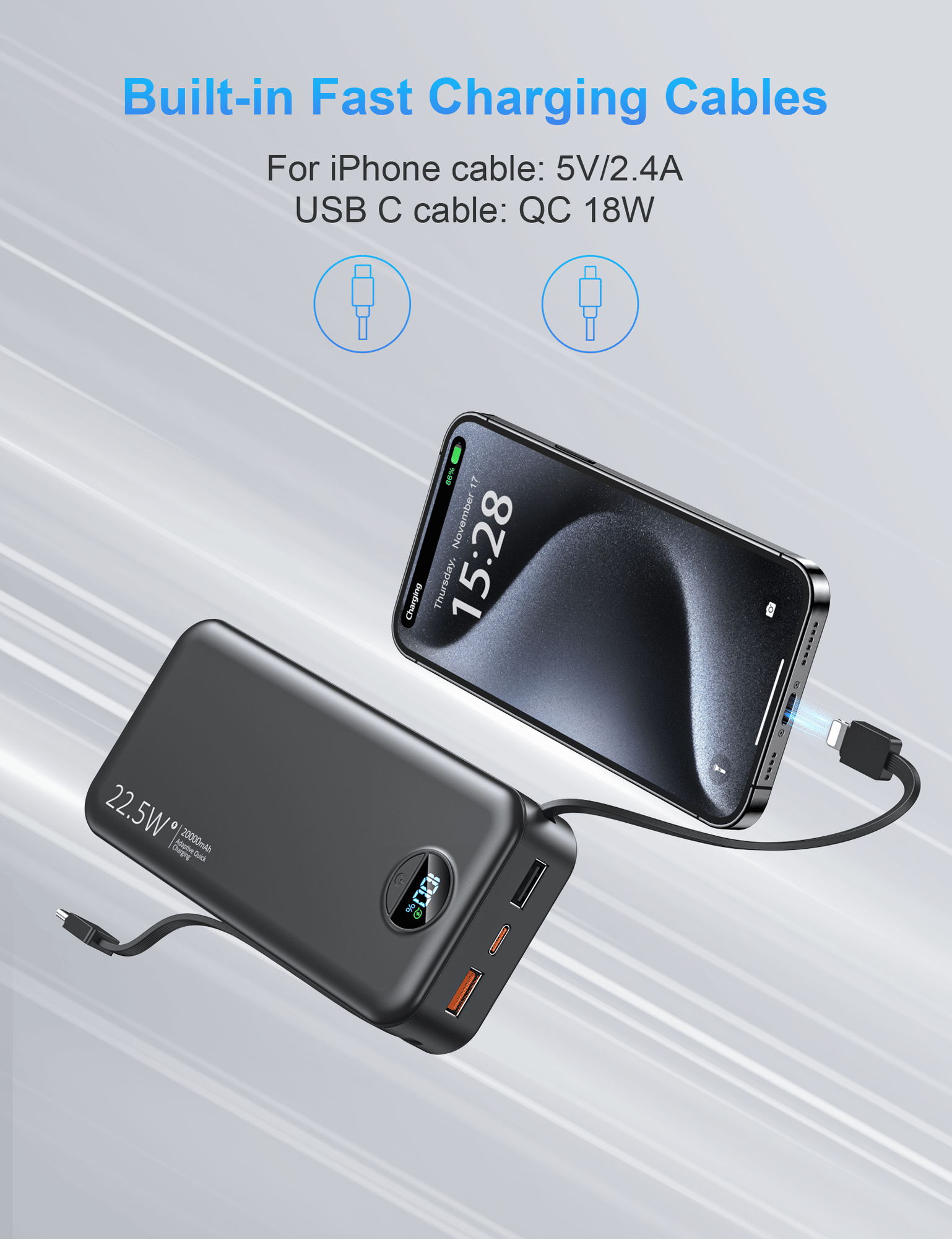 portable power bank charging a smartphone using built‑in fast charging cables with digital display