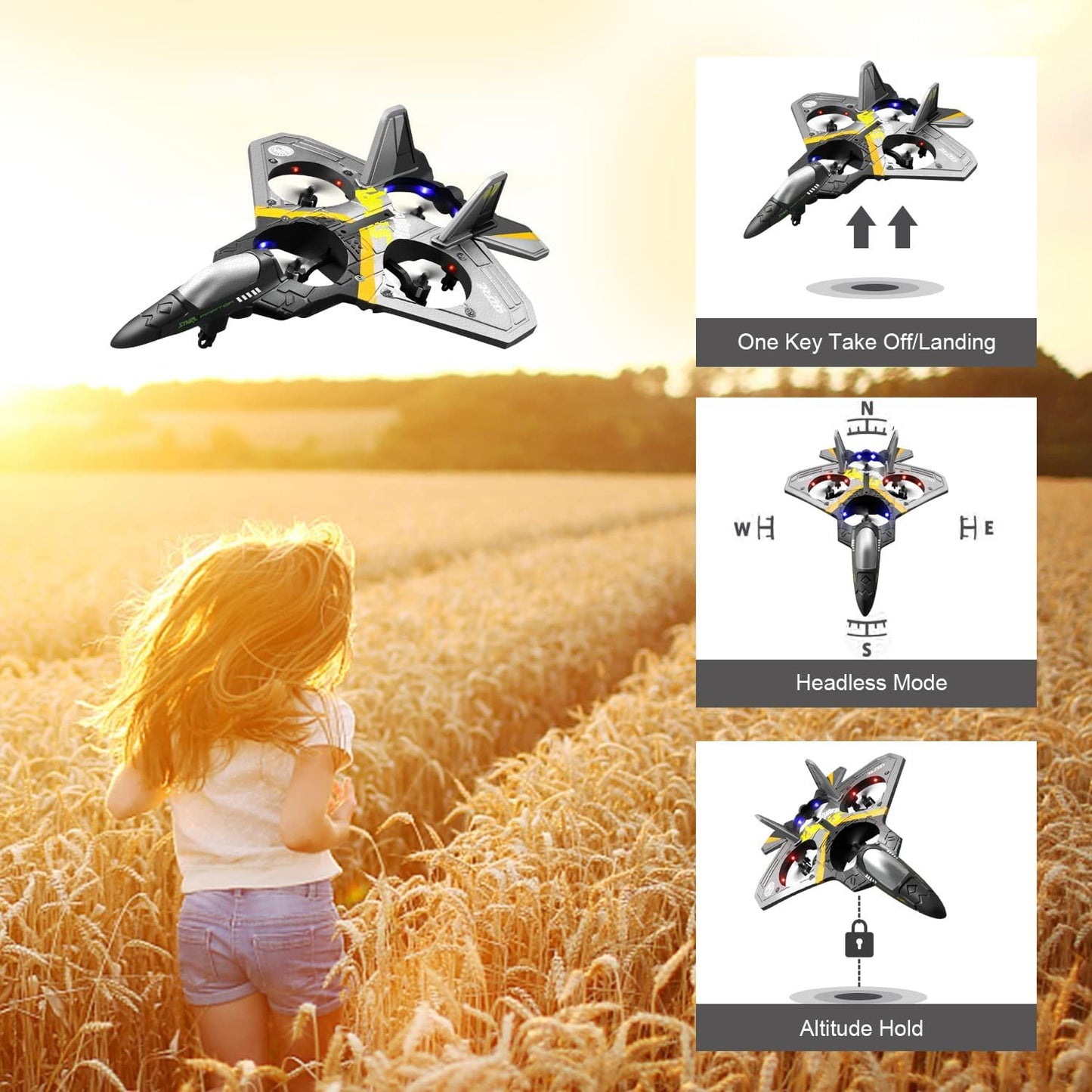 Child in a field with a toy airplane and drone controls displayed.