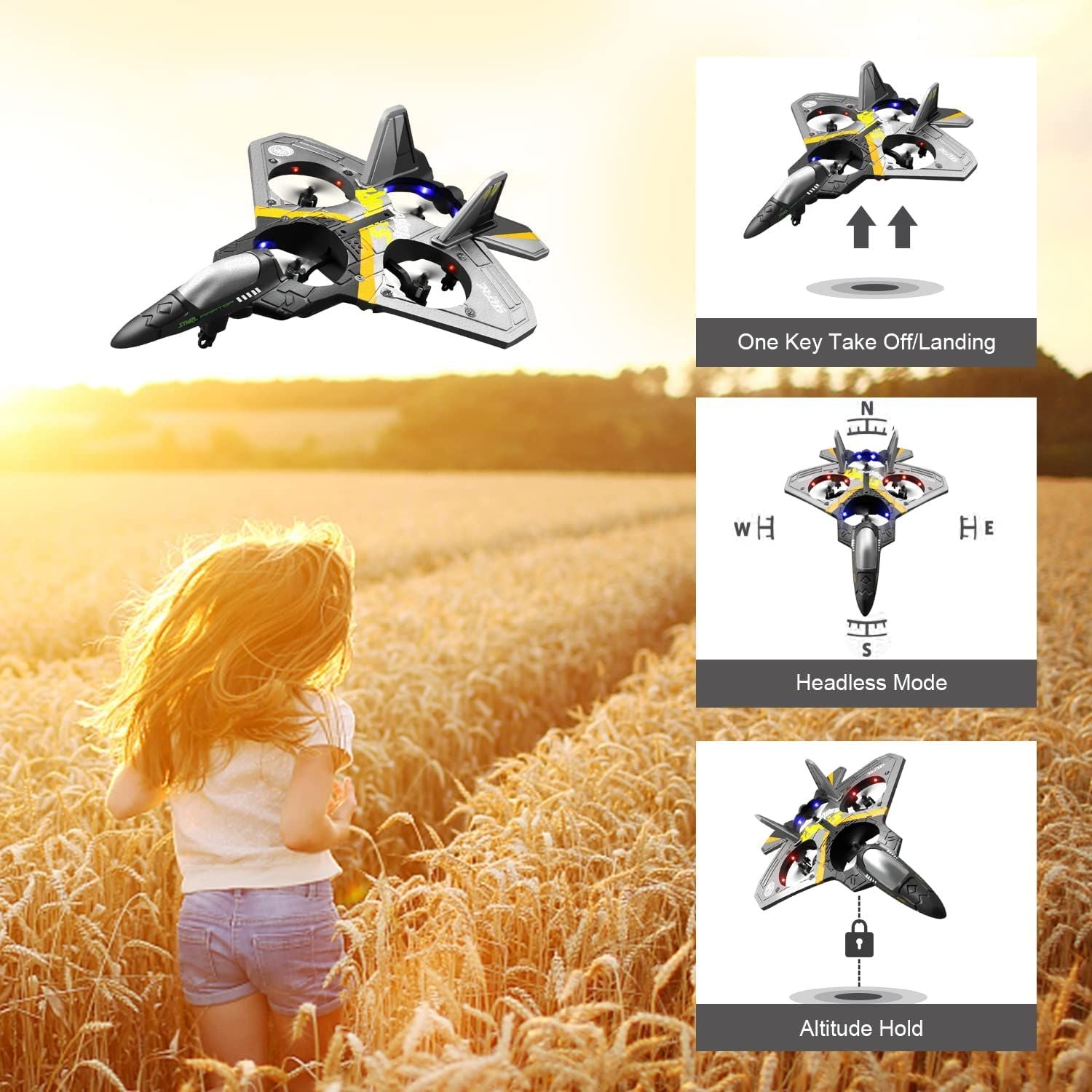 Child in a field with a toy airplane and drone controls displayed.