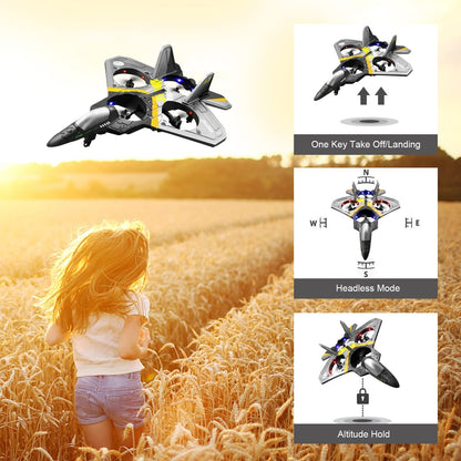 Child in a field with a toy airplane and drone controls displayed.