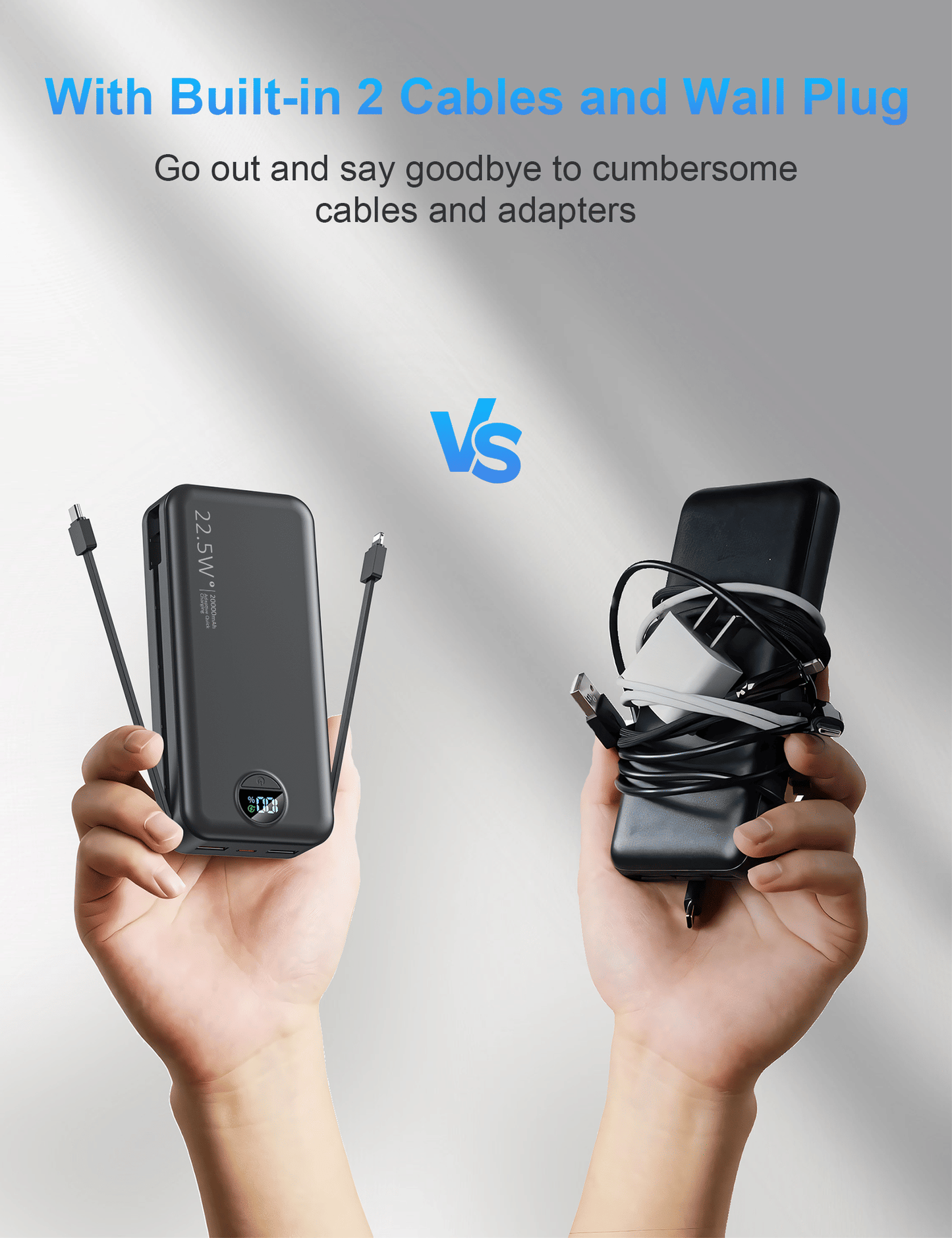 all‑in‑one power bank with built‑in cables and wall plug compared to traditional power bank with loose cables