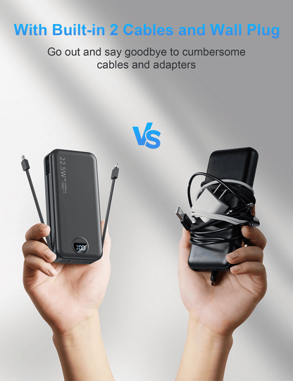 all‑in‑one power bank with built‑in cables and wall plug compared to traditional power bank with loose cables