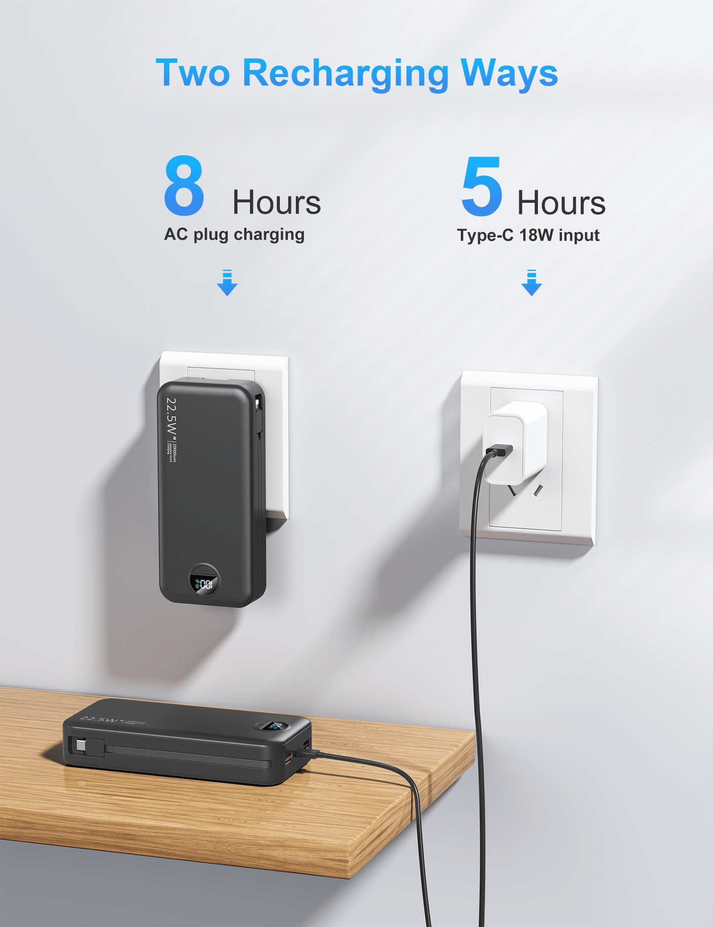 power bank showing two recharging options AC plug charging and USB‑C fast input charging