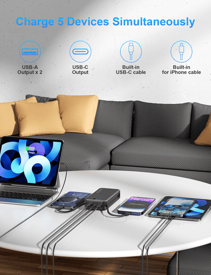 power bank charging five devices at once including laptop tablet and smartphones using multiple built‑in and external ports