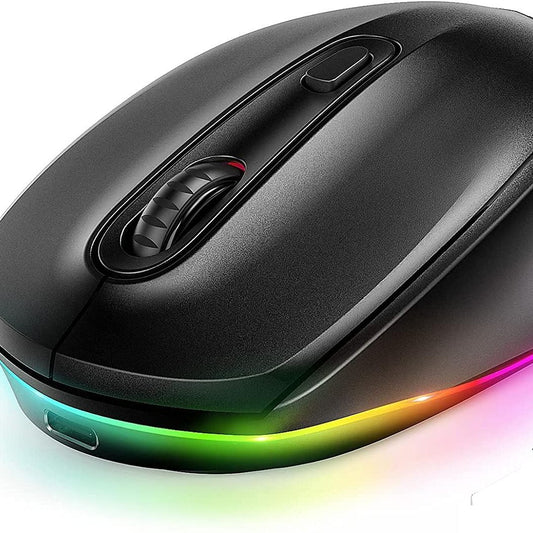 black wireless rechargeable mouse with RGB LED lighting and USB‑C port
