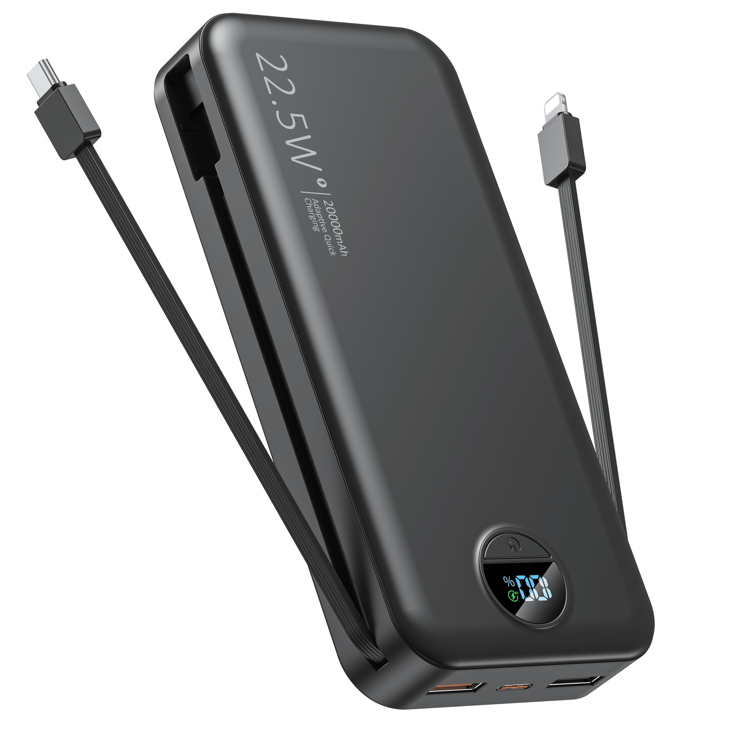 slim 20000mAh portable charger with built‑in cables and digital battery display