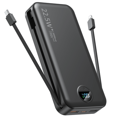 slim 20000mAh portable charger with built‑in cables and digital battery display