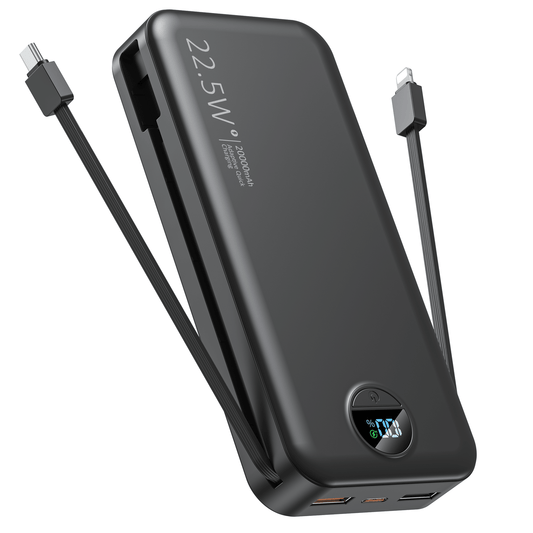 slim 20000mAh portable charger with built‑in cables and digital battery display