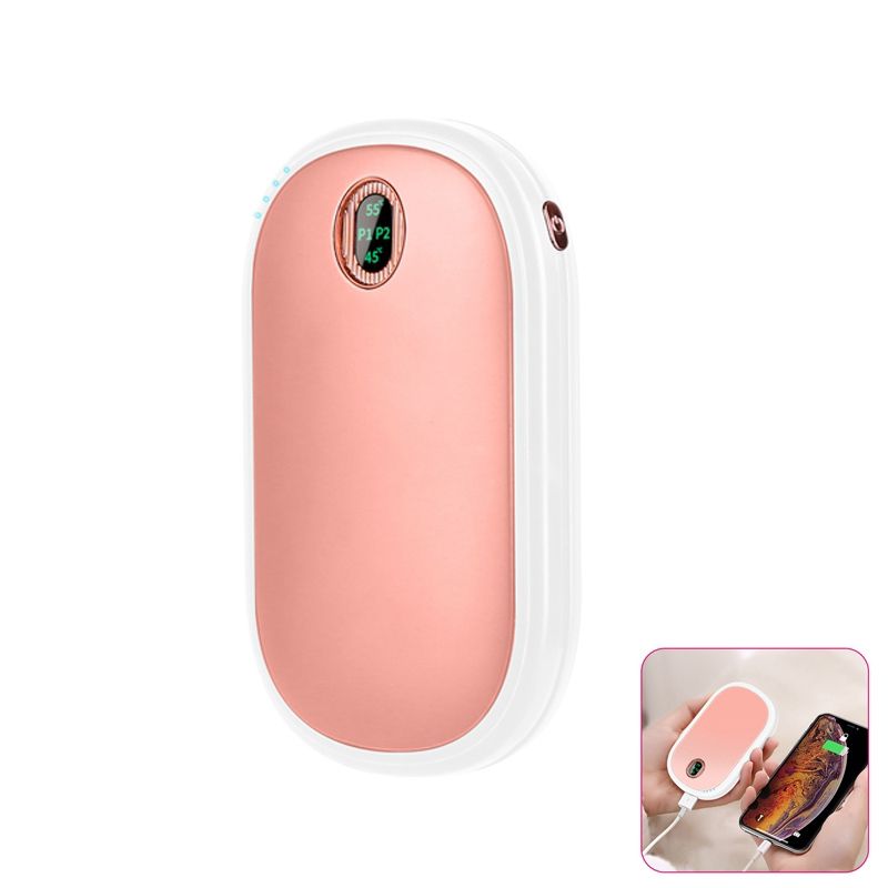 pink rechargeable hand warmer with digital temperature display