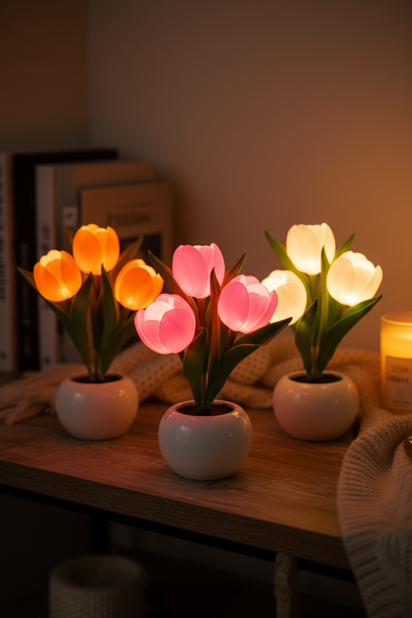Three Tulip LED Lamps — Orange, Pink & White